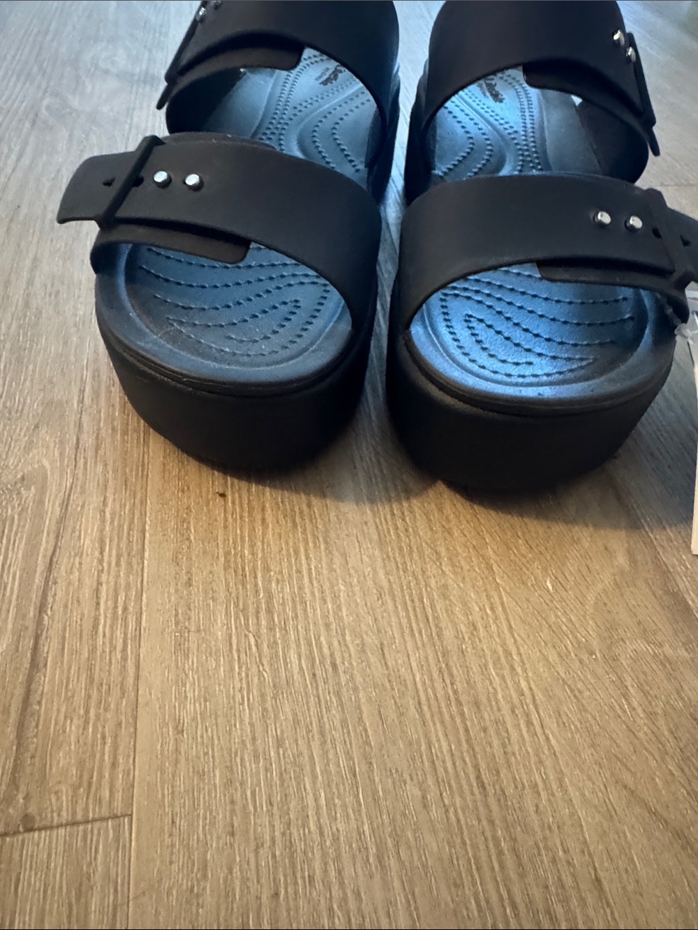 CROCS Black Double Strap Slide Sandals with Silver Stud Fasteners - Picture 7 of 10